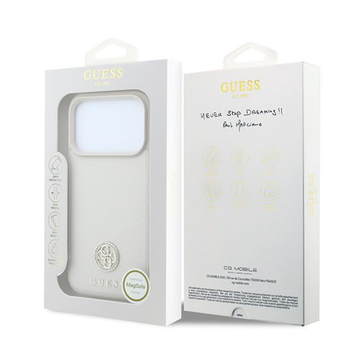 Guess iPhone 18 Pro Max / iPhone 17 Pro Max Hoesje MagSafe - generfd PU - harde behuizing - rond strasslogo Beige Guess