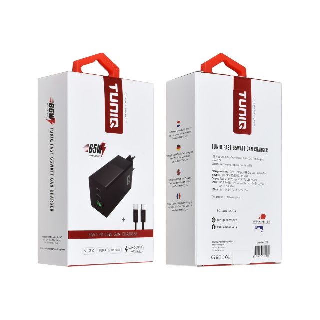 TUNIQ PD 65W - Thuislader met USB-C naar USB-C kabel - Zwart