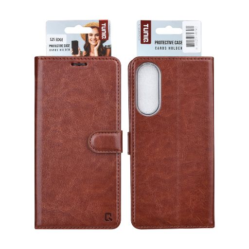 TUNIQ Galaxy S25 Edge Book Case hoesje - Pasjeshouder voor 3 pasjes - Magneetsluiting - Hanger - Bruin