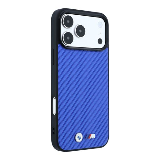 BMW iPhone 18 Pro Max / iPhone 17 Pro Max Hoesje MagSafe - PU - Carbon - harde behuizing - metalen logo’s Blauw Guess