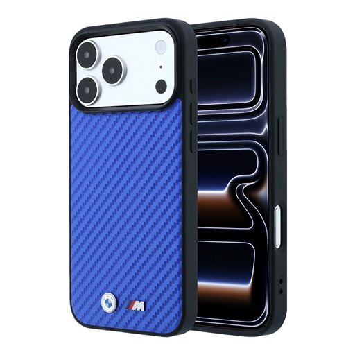BMW iPhone 18 Pro Max / iPhone 17 Pro Max Hoesje MagSafe - PU - Carbon - harde behuizing - metalen logo’s Blauw Guess