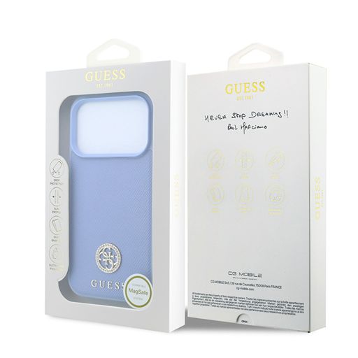 Guess iPhone 18 Pro Max / iPhone 17 Pro Max Hoesje MagSafe - generfd PU - harde behuizing - rond strasslogo Lichtblauw Guess