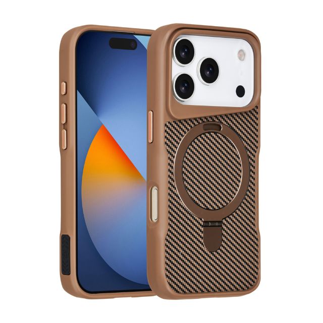iPhone 17 Pro Backcover hoesje - Magsafe With Ring Stand - Carbon Fiber - Zwart