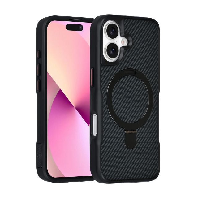 iPhone 17 Backcover hoesje - Magsafe With Ring Stand - Carbon Fiber - Zwart
