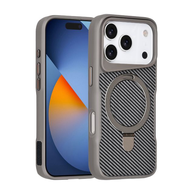 iPhone 17 Pro Backcover hoesje - Magsafe With Ring Stand - Carbon Fiber - Zwart
