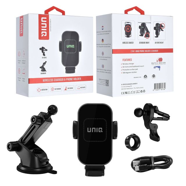 UNIQ Accessory 2 in 1 telefoonhouder en draadloze oplader voor de auto - ventilatierooster - zwart