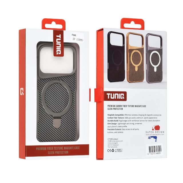 iPhone 17 Pro Backcover hoesje - Magsafe With Ring Stand - Carbon Fiber - Zwart