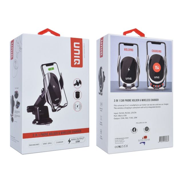 UNIQ Accessory 3-in-1 draadloze Telefoonhouder en oplader voor in de auto - Zwart