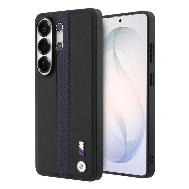 BMW Galaxy S26 Ultra Backcover hoesje - MagSafe PU Leather - Perforated Blue Stripe - Zwart