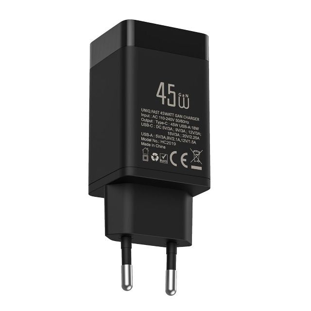 TUNIQ PD 45W GaN thuislader - dual poort met USB-C naar USB-C kabel - Zwart