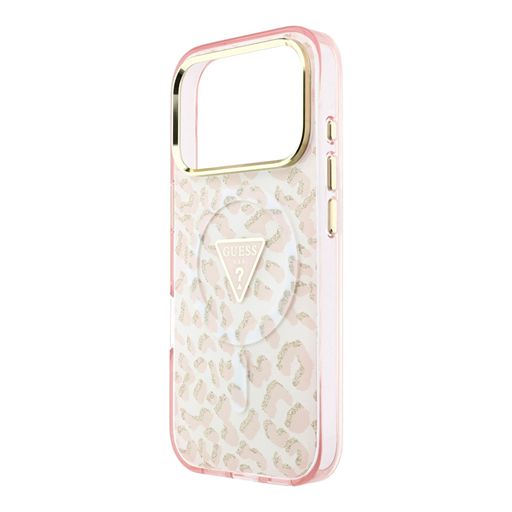 Guess iPhone 18 Pro Backcover hoesje - HC Magsafe IML Leopard Glitter Triangle Logo - Roze) Guess