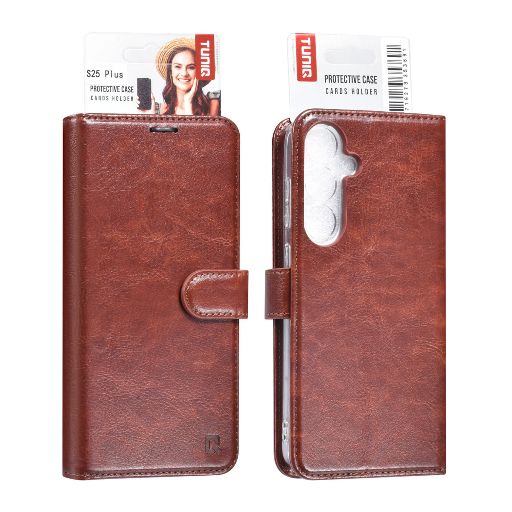 TUNIQ Galaxy S25 Book Case hoesje - Pasjeshouder voor 3 pasjes - Hanger - Bruin