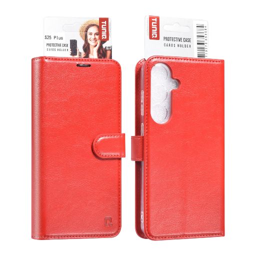 TUNIQ Galaxy S25 Book Case hoesje - Pasjeshouder voor 3 pasjes - Hanger - Rood