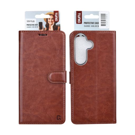 TUNIQ Galaxy S26 Plus Book Case hoesje - Pasjeshouder voor 3 pasjes - Magneetsluiting - Hanger - Bruin
