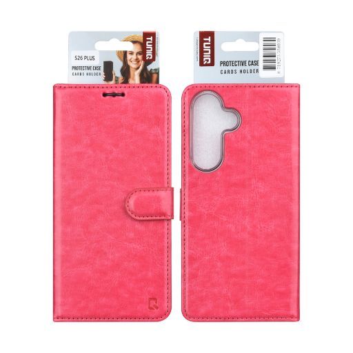 TUNIQ Galaxy S26 Book Case hoesje - Pasjeshouder voor 3 pasjes - Magneetsluiting - Hanger - Felroze