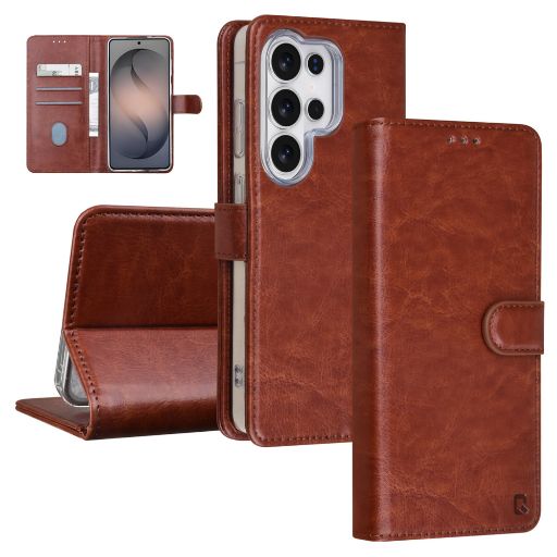 TUNIQ Galaxy S26 Ultra Book Case hoesje - Pasjeshouder voor 3 pasjes - Magneetsluiting - Hanger - Bruin