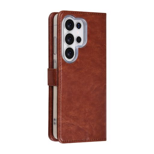 TUNIQ Galaxy S26 Ultra Book Case hoesje - Pasjeshouder voor 3 pasjes - Magneetsluiting - Hanger - Bruin