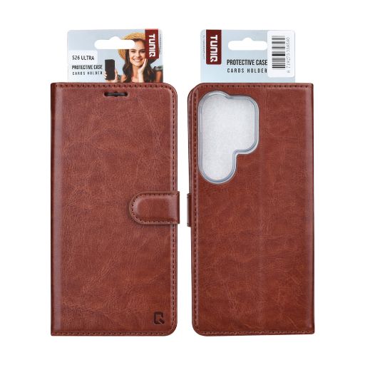 TUNIQ Galaxy S26 Ultra Book Case hoesje - Pasjeshouder voor 3 pasjes - Magneetsluiting - Hanger - Bruin