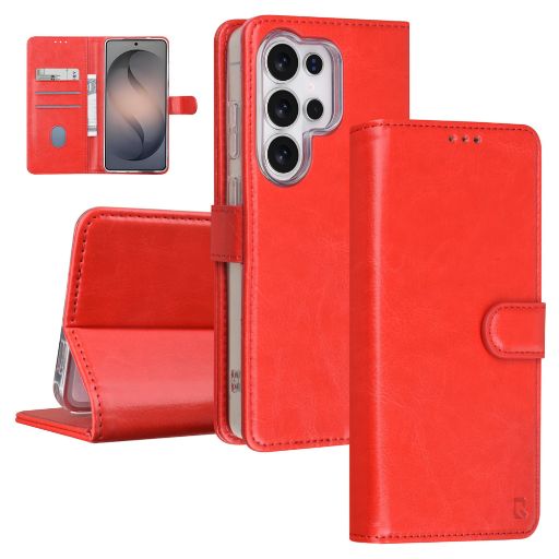 TUNIQ Galaxy S26 Ultra Book Case hoesje - Pasjeshouder voor 3 pasjes - Magneetsluiting - Hanger - Rood