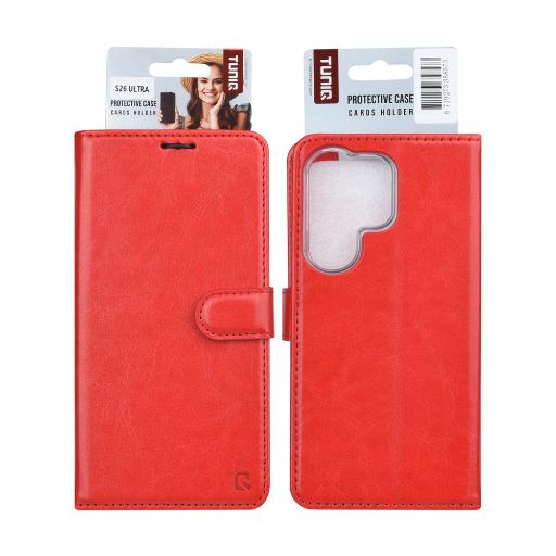 TUNIQ Galaxy S26 Ultra Book Case hoesje - Pasjeshouder voor 3 pasjes - Magneetsluiting - Hanger - Rood